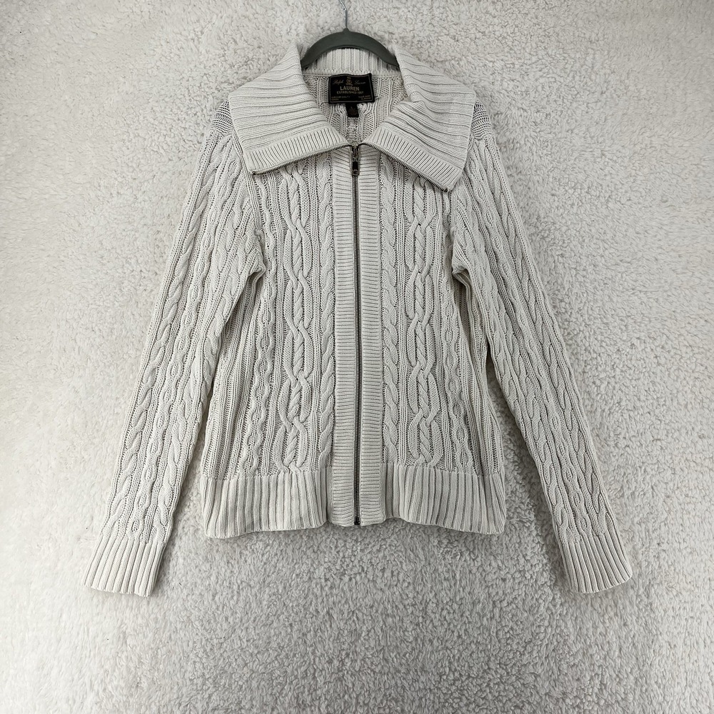 Ralph Lauren Women's Ivory Cable Knit Cotton Zip Sweater Cardigan Large Preppy